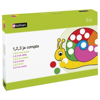 Jogo de tabuleiro infantil com caracol colorido em embalagem verde e branca.