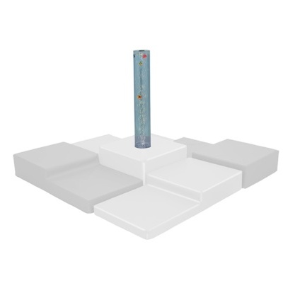 Coluna sensorial azul com bolhas e peixes, base branca e cinza em degraus de espuma
