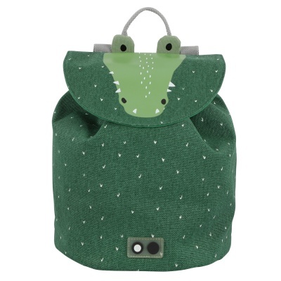 Mochila verde com tampa decorada de crocodilo e padrão de pontos brancos