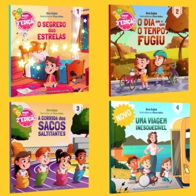 Quatro capas de livros infantis coloridas numeradas, com textos dos títulos e ilustrações de crianças.