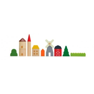 Blocos de madeira coloridos em formato de casas, moinho e árvores