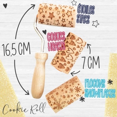 Rolo de madeira para bolachas com padrões de estrelas, corações e flocos de neve