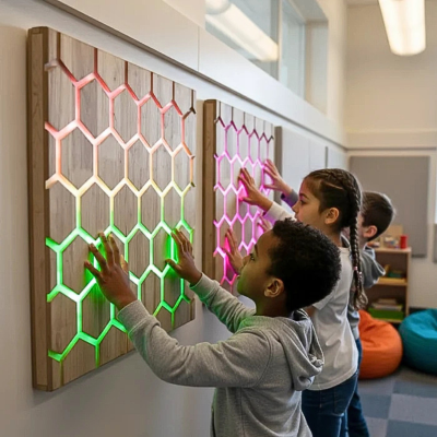 Painéis de madeira hexagonais iluminados por LED coloridos em parede com crianças a tocar nos painéis