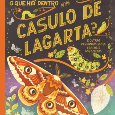 Capa de livro com título em amarelo e ilustrações de lagarta, borboleta e casulo