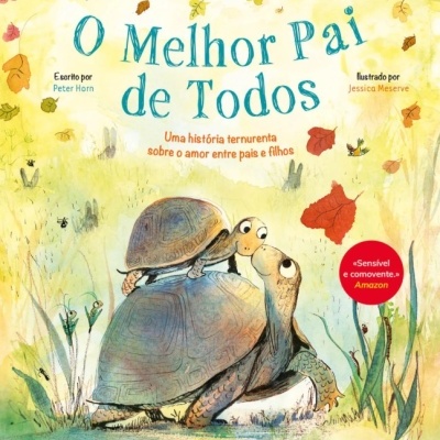 Capa de livro infantil com duas tartarugas e folhas caídas.