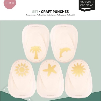 Conjunto de cinco perfuradores para artesanato com desenhos de palmeira, golfinho, flor, estrela-do-mar e sol.