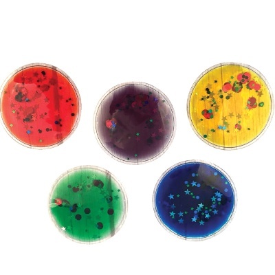 Cinco discos coloridos de gelatina com estrelas e pontosdecorativos