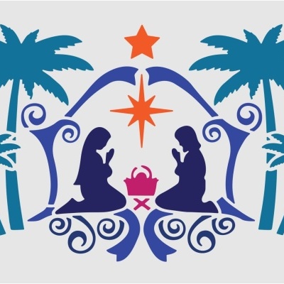 Ilustração estilizada da Natividade com Maria, José, manjedoura, estrelas e palmeiras em tons de azul e laranja