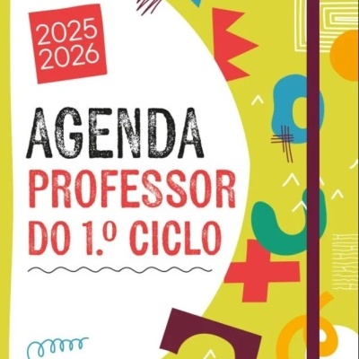 Capa colorida de agenda para professor do 1.º ciclo 2025-2026 com padrões geométricos