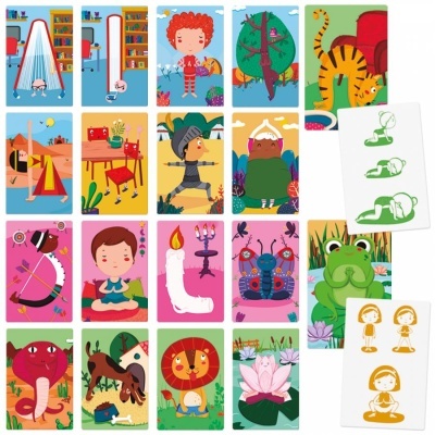 Ilustrações coloridas em grelha com livros, crianças e animais em desenhos animados.