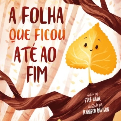 Capa de livro infantil com folha amarela sorridente e título em português