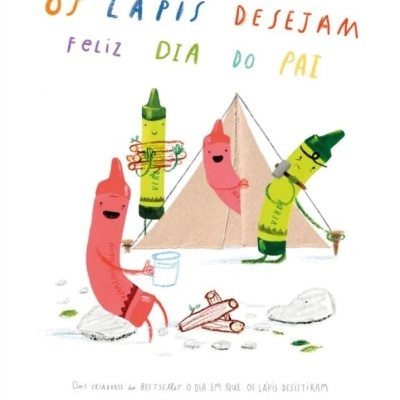 Capa de livro com três lápis coloridos sorridentes e uma tenda de campismo, texto colorido acima.