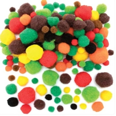 Pompons coloridos vários tamanhos sobre fundo branco