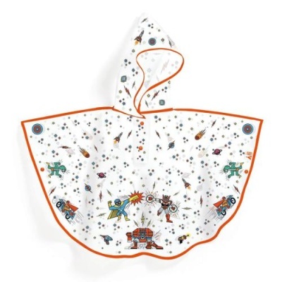 Poncho de criança branco com desenhos animados e bordas laranja