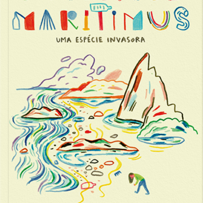Capa de livro ilustrada com texto colorido e desenho de praia e rochas