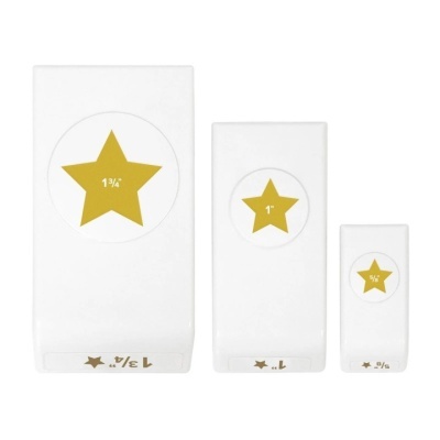 Conjunto de três furadores de papel brancos com estrelas amarelas e medidas imprimidas.