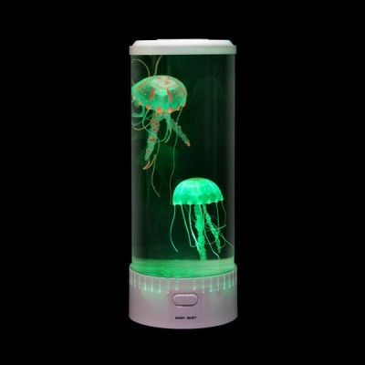 Lâmpada decorativa com medusas fluorescentes em fundo preto