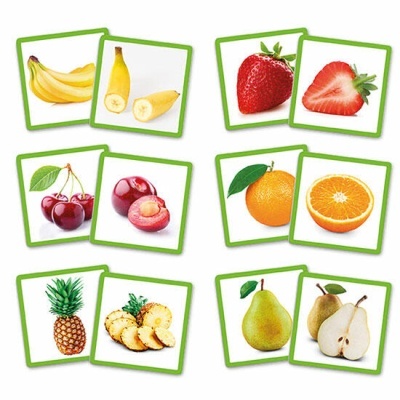 Cartões educativos com imagens de frutas inteiras e cortadas, moldura verde.