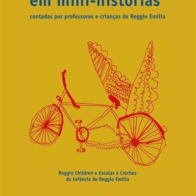 Capa de livro amarelo com bicicleta vermelha com asas e texto em azul
