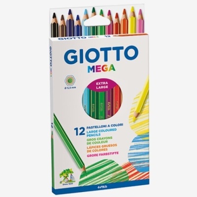 Pacote de lápis de cor grandes GIOTTO MEGA com 12 lápis e desenhos coloridos na embalagem