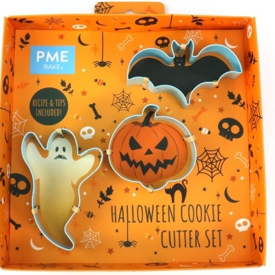 Conjunto de cortadores de bolachas de Halloween com design de fantasma, abóbora e morcego em caixa laranja decorada.