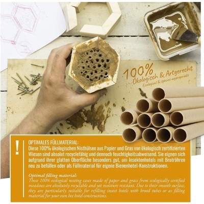 Material para ninhos de abelhas feito de papel e matéria orgânica, tubos de cartão, cola e cartaz explicativo.