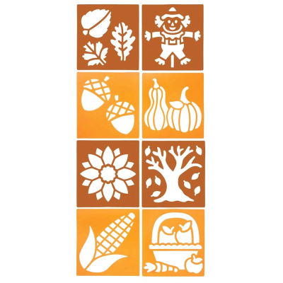 Set de oito moldes de stencil com desenhos de folhas, espantalho, bolotas, abóboras, girassol, árvore, milho, cesto com frutas e legumes
