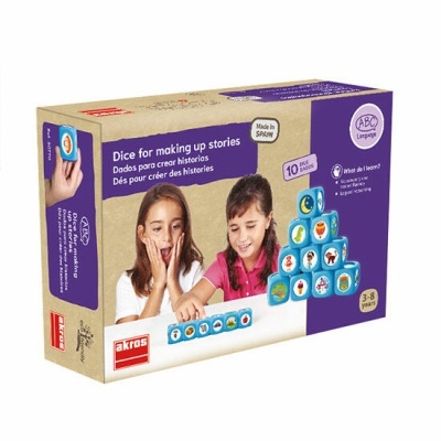 Caixa de dados para criar histórias da marca akros com dados coloridos e ilustrações para crianças