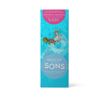 Caixa azul claro com ilustrações de tartaruga e lebre e texto em português Brincar com os Sons