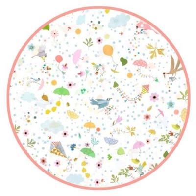 Tapete redondo colorido com padrão de pombos, pipas e flores, borda rosa