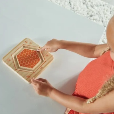 Brinquedo educativo de madeira com padrão hexagonal e abelhas