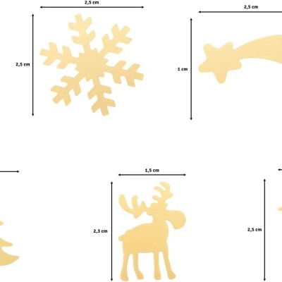 Cinco formas decorativas de Natal em madeira clara com medidas, incluindo floco de neve, estrela cadente, árvore, rena e boneco de neve.
