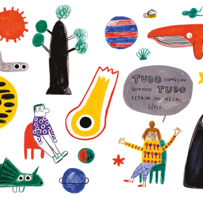 Ilustração colorida com animais, planetas, pessoas e texto em balão de fala