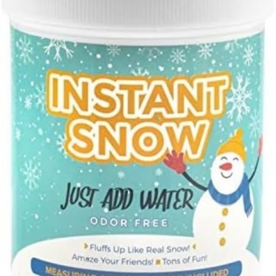 Frasco de Instant Snow com instruções e boneco de neve na etiqueta