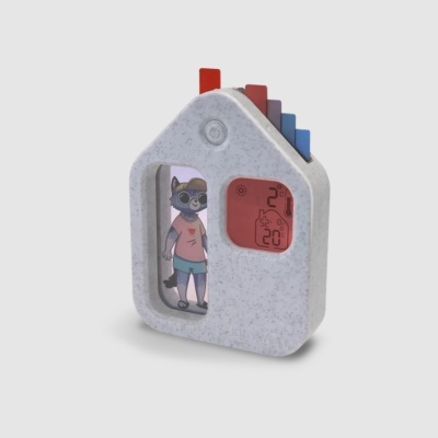 Termómetro digital em forma de casa com visor vermelho e figura de animal vestido