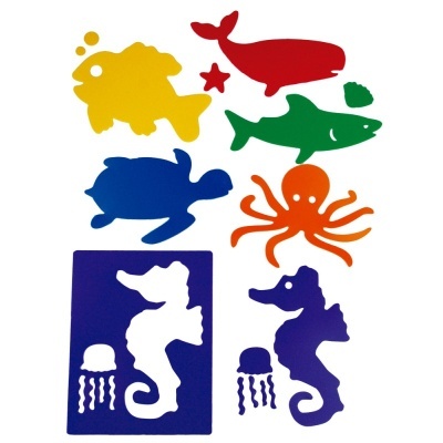 Conjunto de gabaritos plásticos coloridos com animais marinhos