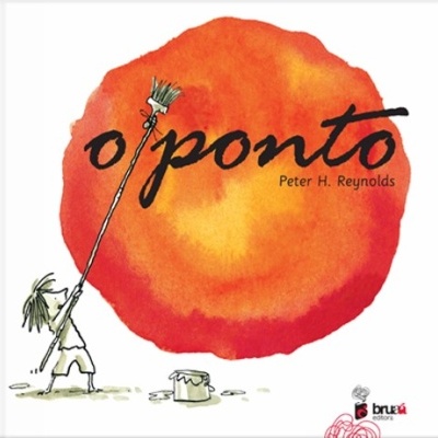 Capa de livro com título 'o ponto' e ilustração de criança pintando círculo vermelho alaranjado