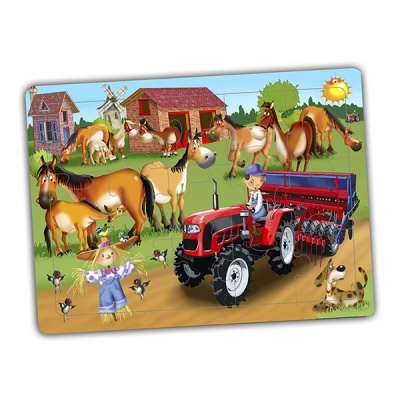 Ilustração da fazenda com cavalos, trator, espantalho e celeiros