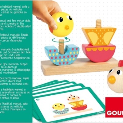 Jogo de madeira colorido de empilhamento com cartas de exemplo e embalagem multilingue