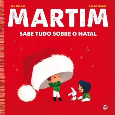 Capa de livro vermelha com crianças e gorro de Natal grande branco.