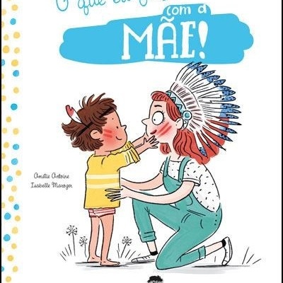 Capa de livro com ilustração de mãe e filho e texto em azul e preto