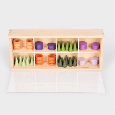 Conjunto de peças de madeira coloridas em caixa subdividida