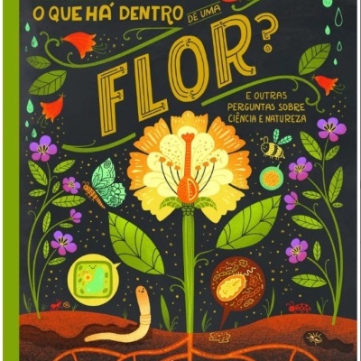 Capa de livro com flores e ilustrações de insetos e minhoca