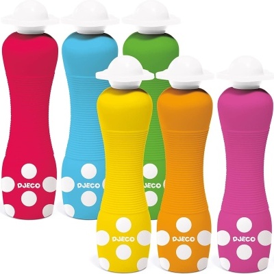 Seis garrafas de água coloridas DJECO com tampa branca e pontos brancos