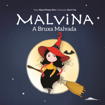 Capa de livro infantil com uma bruxa no céu estrelado e lua cheia.