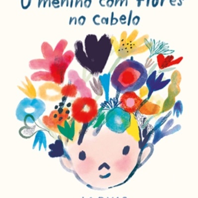 Ilustração de um menino com flores coloridas no cabelo e texto em português