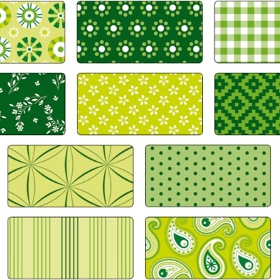 Dez padrões em tons de verde e amarelo com flores, folhas, xadrez, geométricos, riscas e paisley