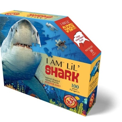 Caixa de puzzle triangular com imagem de tubarão e texto 'I AM 'Lil' SHARK', 100 peças.