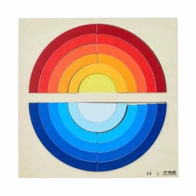 Quebra-cabeças em madeira colorido com arcos em vermelho, laranja, amarelo e azul