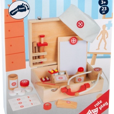Conjunto de jogo de faz de conta com estojo de madeira e acessórios médicos coloridos para crianças a partir dos 3 anos